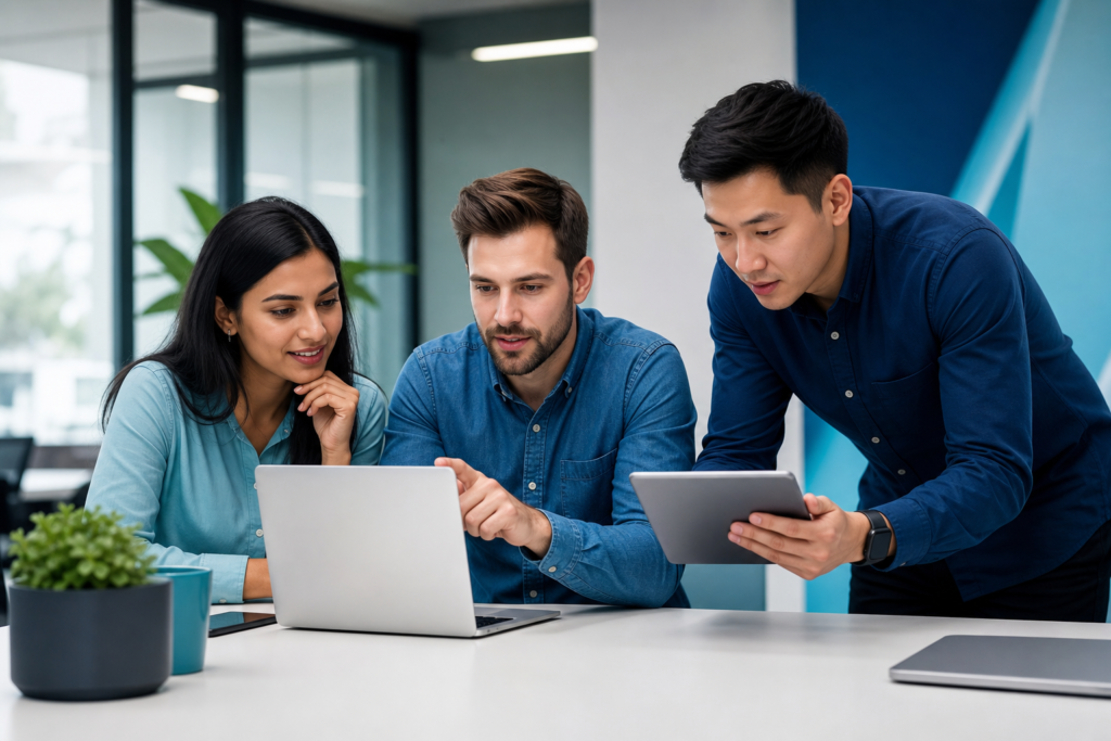 Startup team discussing web development quality assurance on devices in a modern workspace