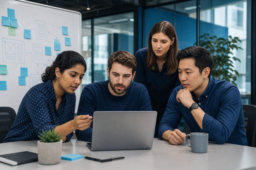Startup team reviewing web development quality assurance process in a modern office