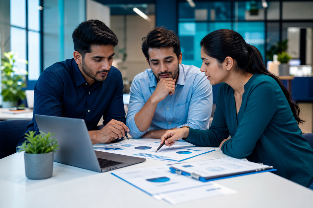 Startup team reviewing website budget planning documents in a modern office