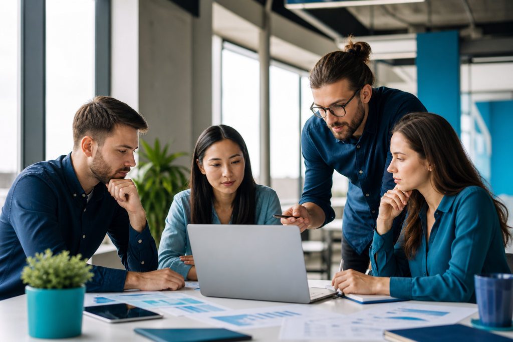 Startup team reviewing a website budget planning checklist in a modern office