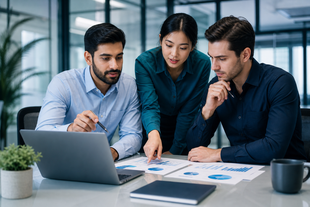 Startup team planning a website budget in a modern office