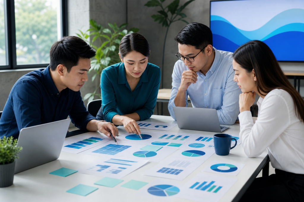 Startup team reviewing website budget planning for faster growth