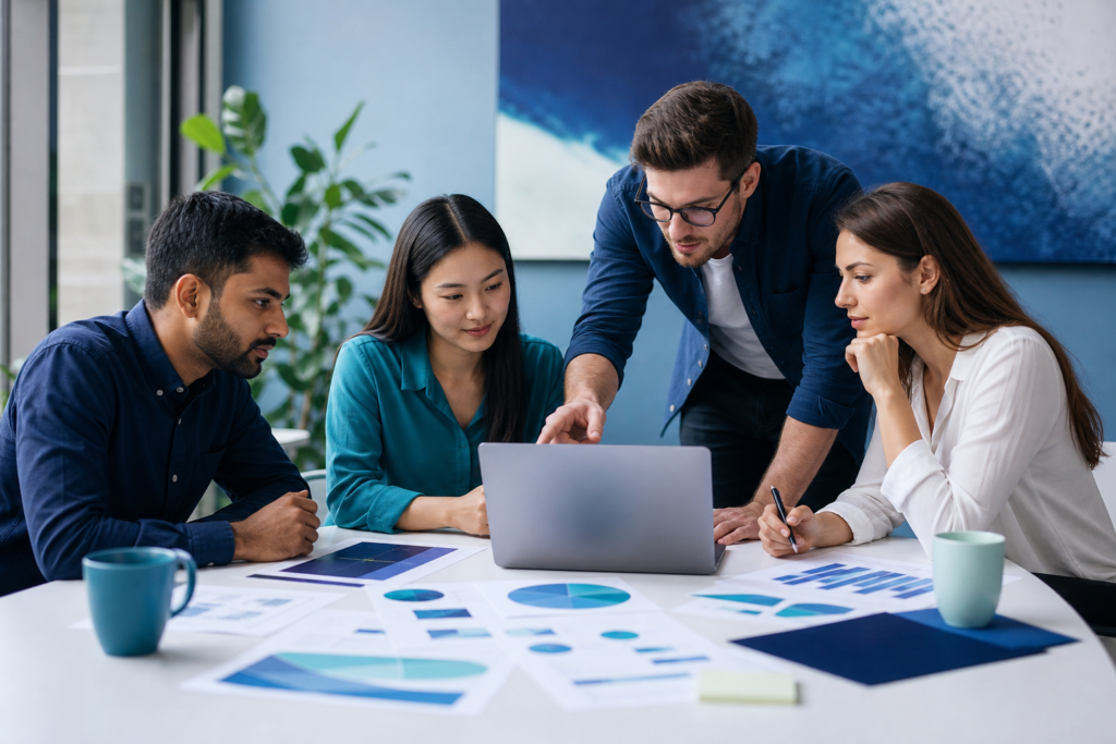 Startup team discussing website budget planning trends around a laptop in a modern office