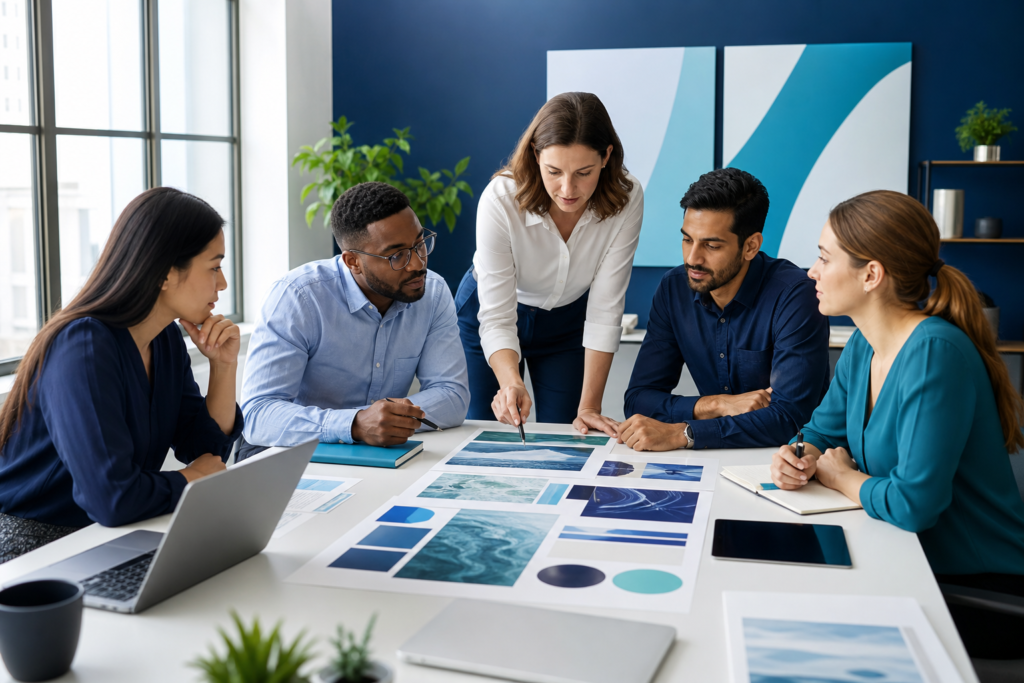 Business team planning website content strategy in a modern workspace
