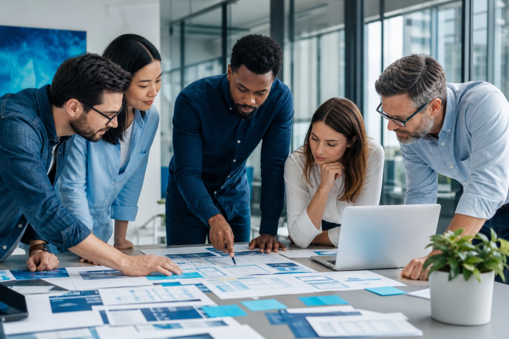 Business team planning website content strategy in a modern office