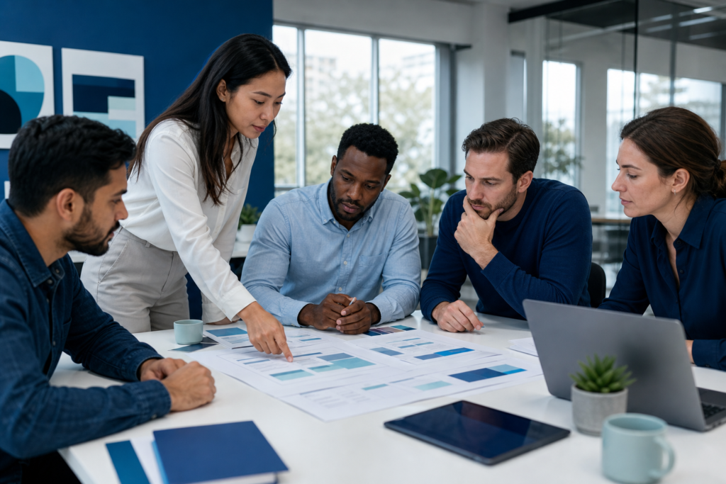Business team planning website content strategy in a modern office