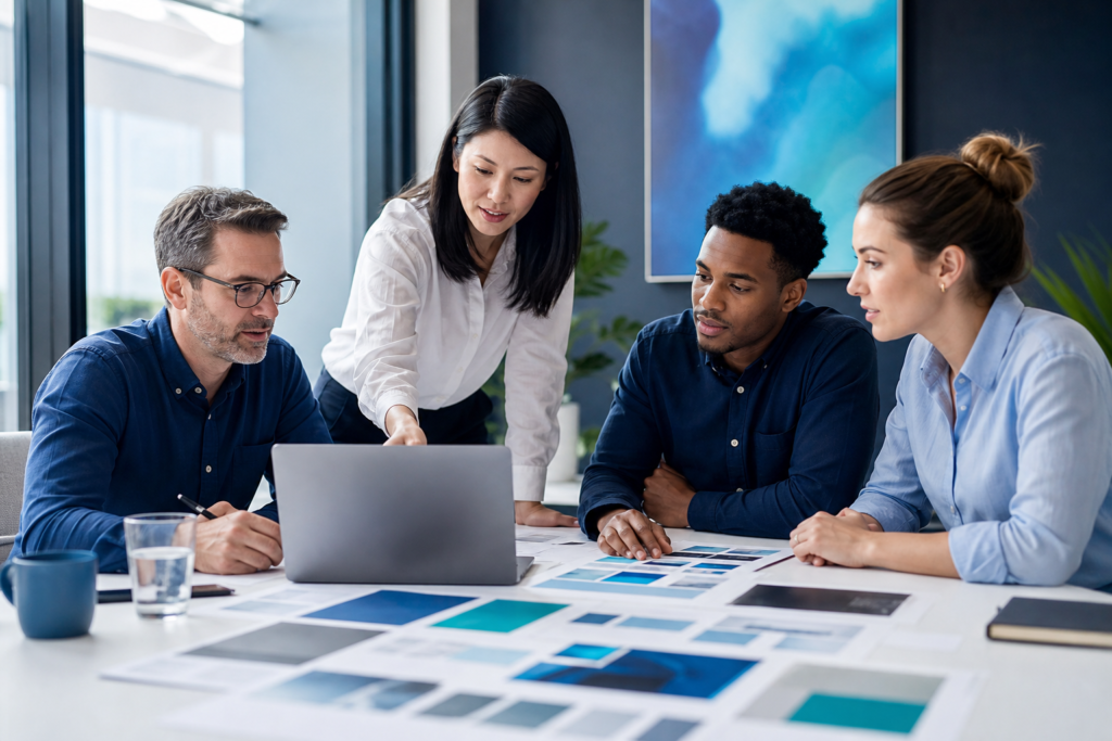 Business team reviewing website content planning strategy in a meeting room