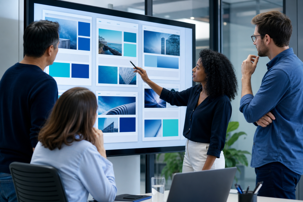 Business team discussing a website content planning solution in a modern office