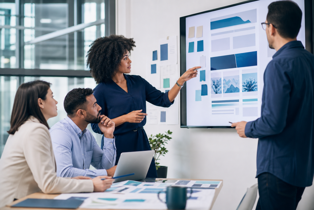Business team planning website content strategy in a modern office