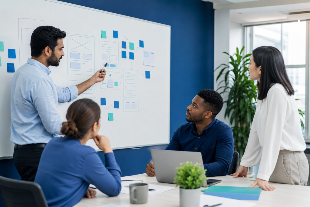 Business team planning website content strategy in a modern office