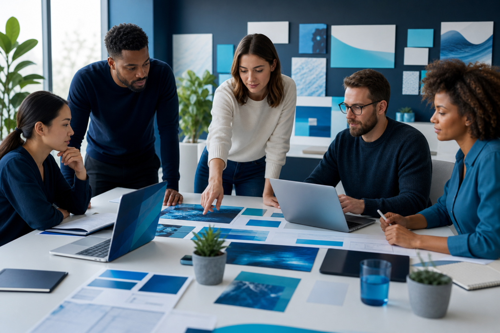Business team planning a website launch in a modern workspace