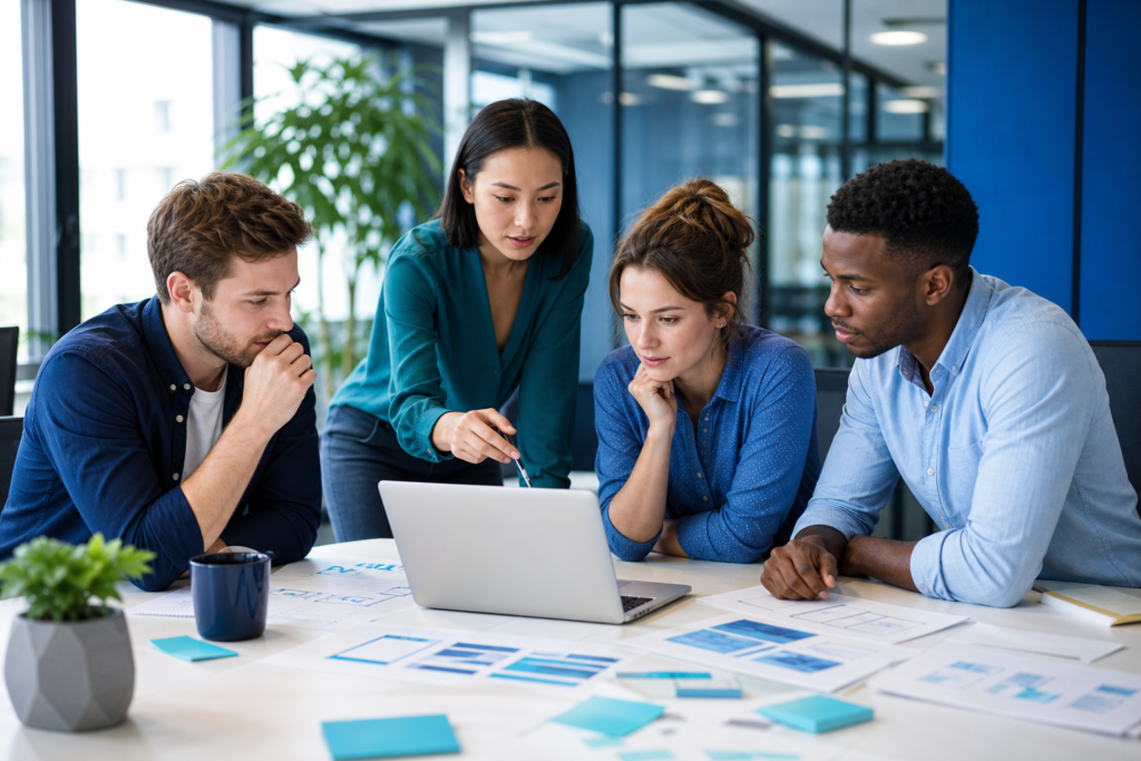 Startup team planning a website launch around a laptop in a modern office