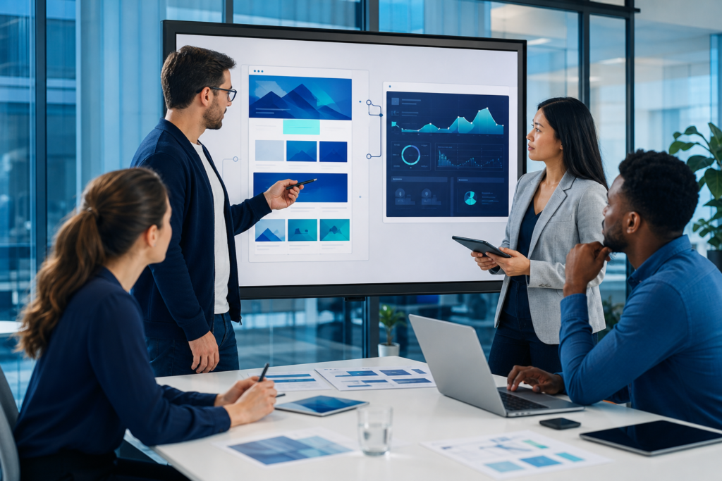 Business team planning a website launch checklist in a modern office