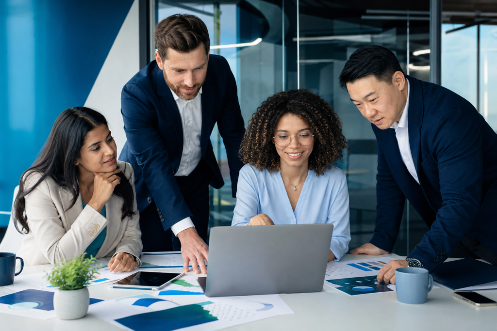 Business team planning website launch strategy in a modern office