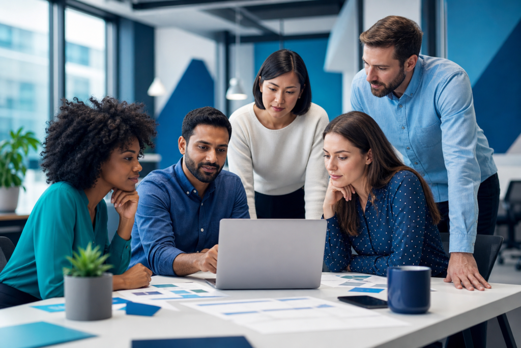 Business team planning a website launch in a modern office