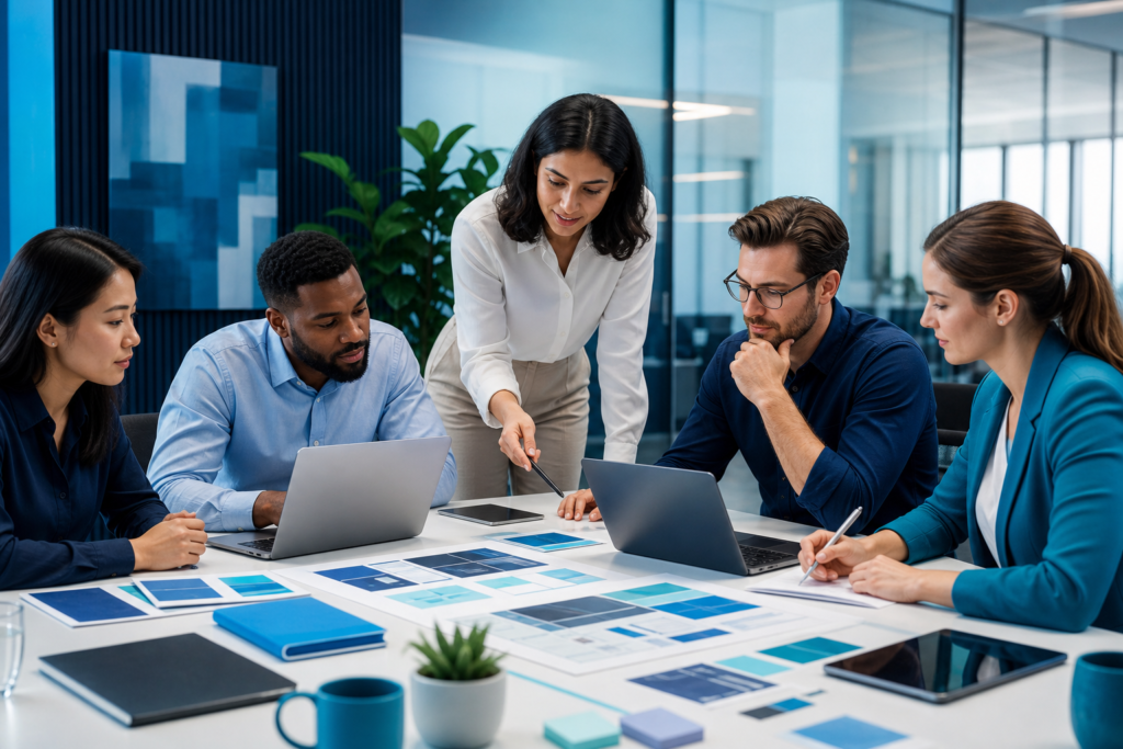 Business team planning website launch strategy in a modern office