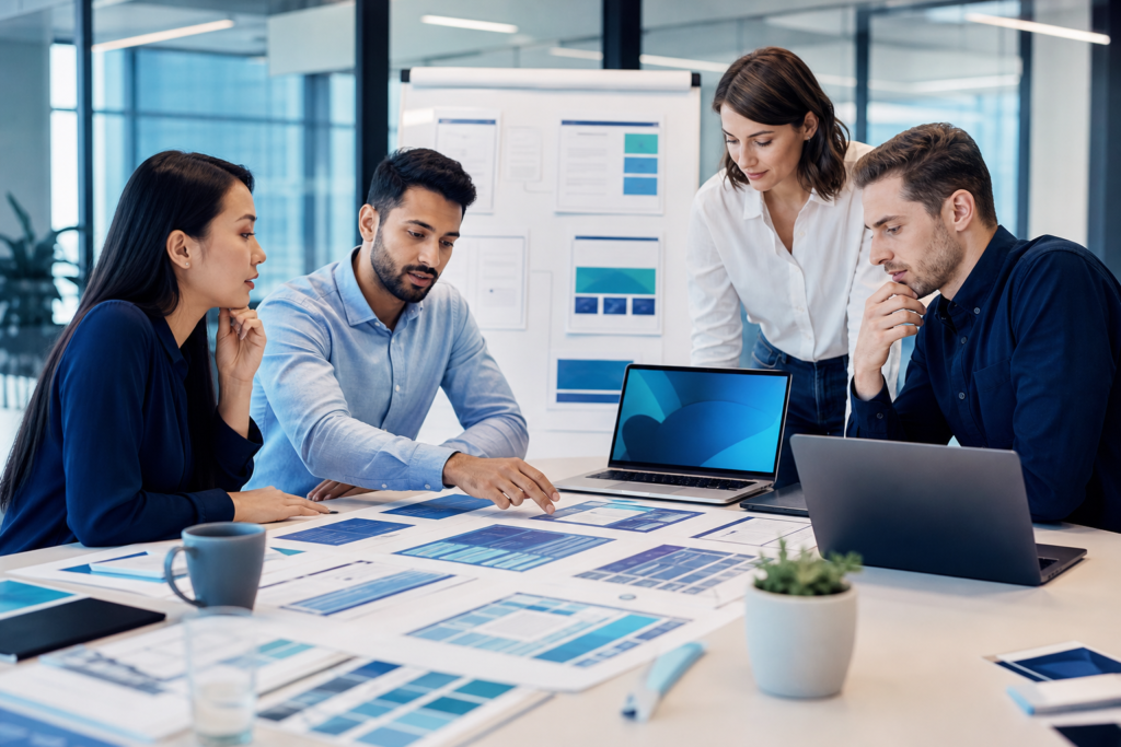 Startup team planning a website launch in a modern office