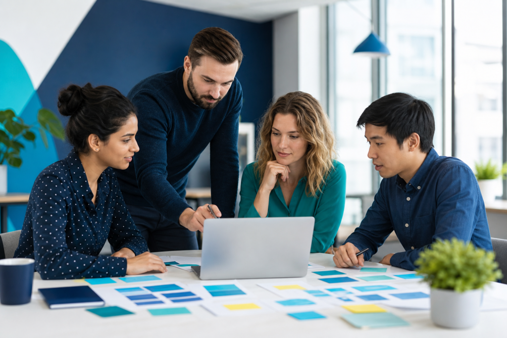 Startup team reviewing website launch planning notes in a modern office