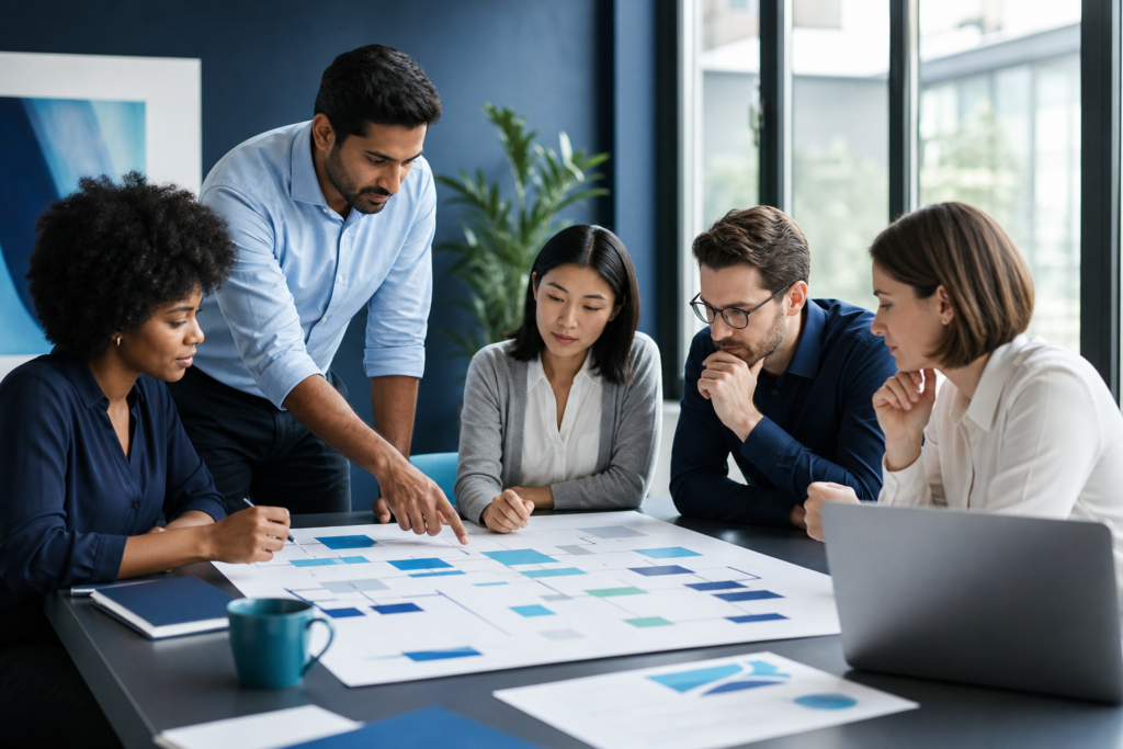Business team reviewing a website launch planning roadmap in a professional office