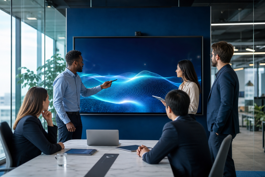 Business team reviewing website launch planning strategy in a modern office