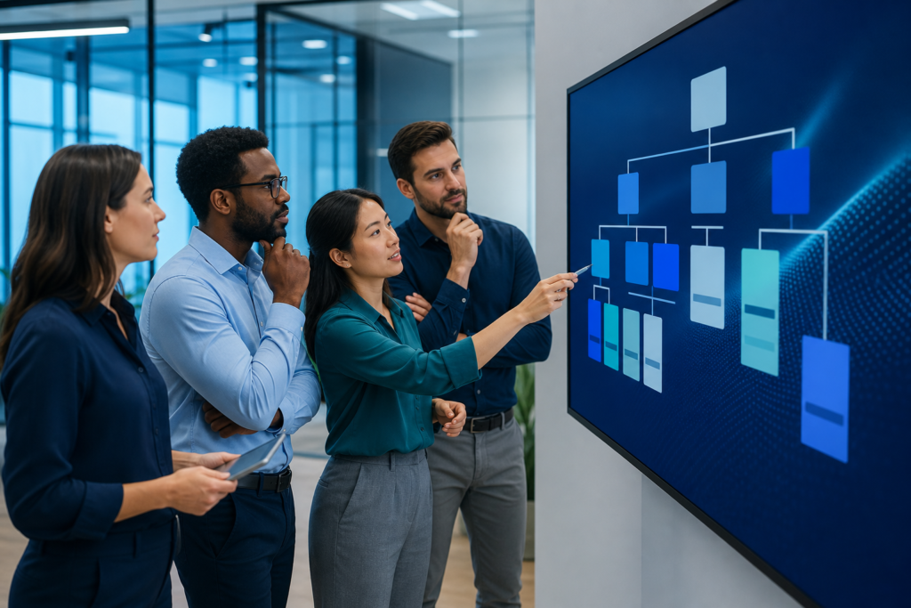 Enterprise team reviewing website navigation design on a large screen