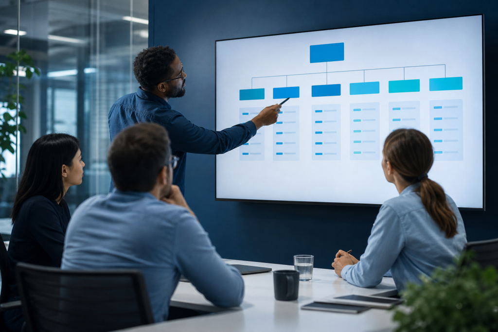 Enterprise team reviewing a website navigation structure on a screen