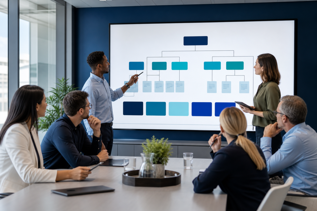 Enterprise team reviewing website navigation design plans in a meeting room