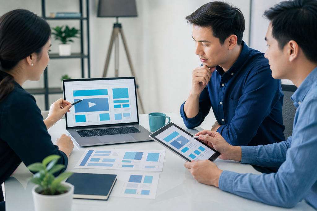 Small business team reviewing website navigation design on a laptop