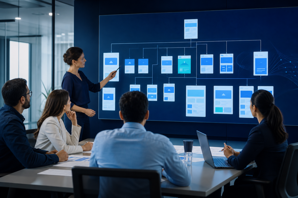 Enterprise team reviewing website navigation design strategy in a modern office