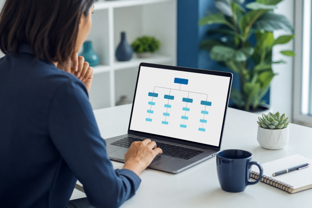 Small business owner reviewing website navigation structure on a laptop