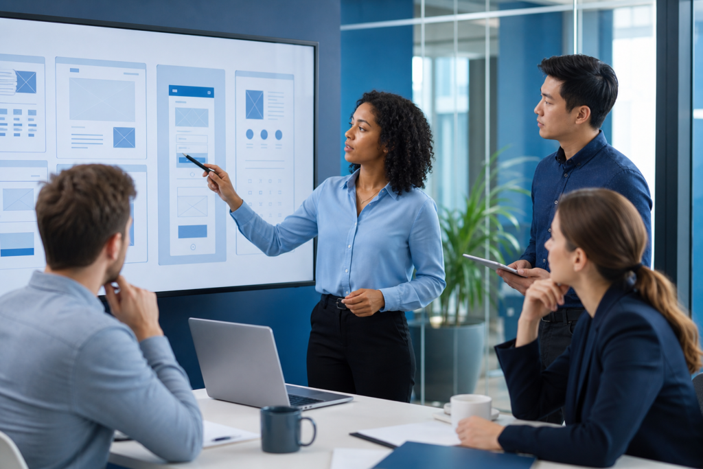 Enterprise team reviewing website navigation design on a screen in a modern office