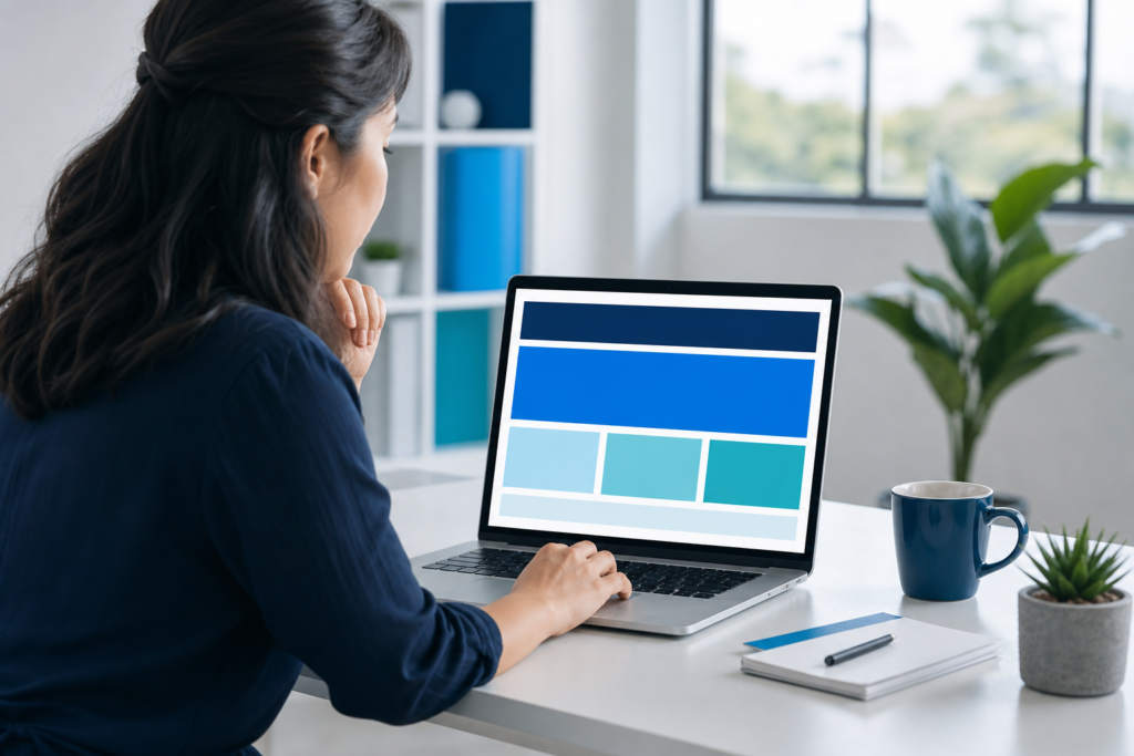 Small business owner reviewing website navigation design on a laptop