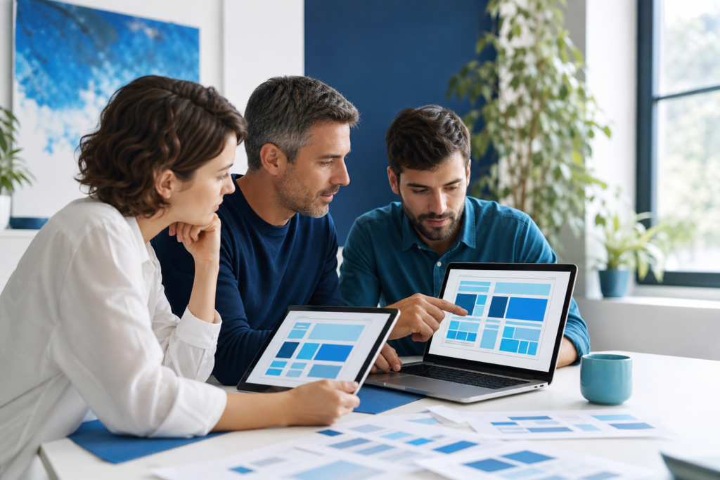 Small business team reviewing website navigation design on a laptop and tablet