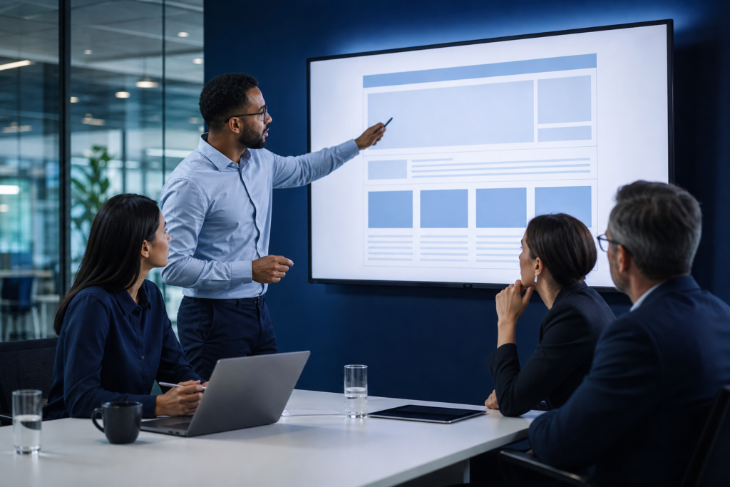 Enterprise team reviewing website navigation design strategy in a modern office