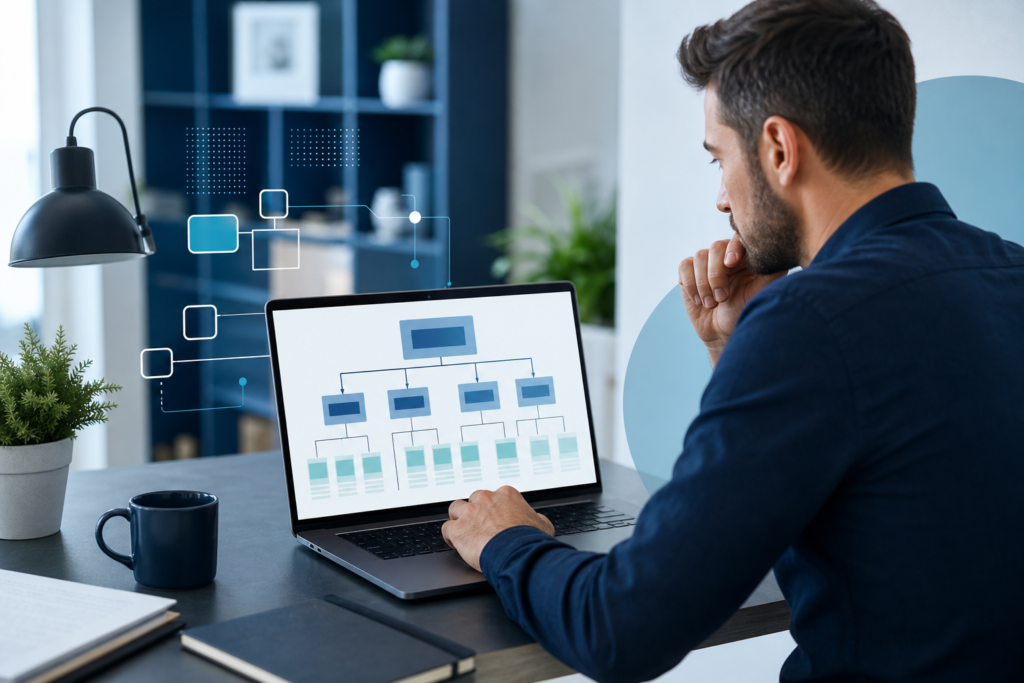 Small business owner reviewing website navigation planning on a laptop