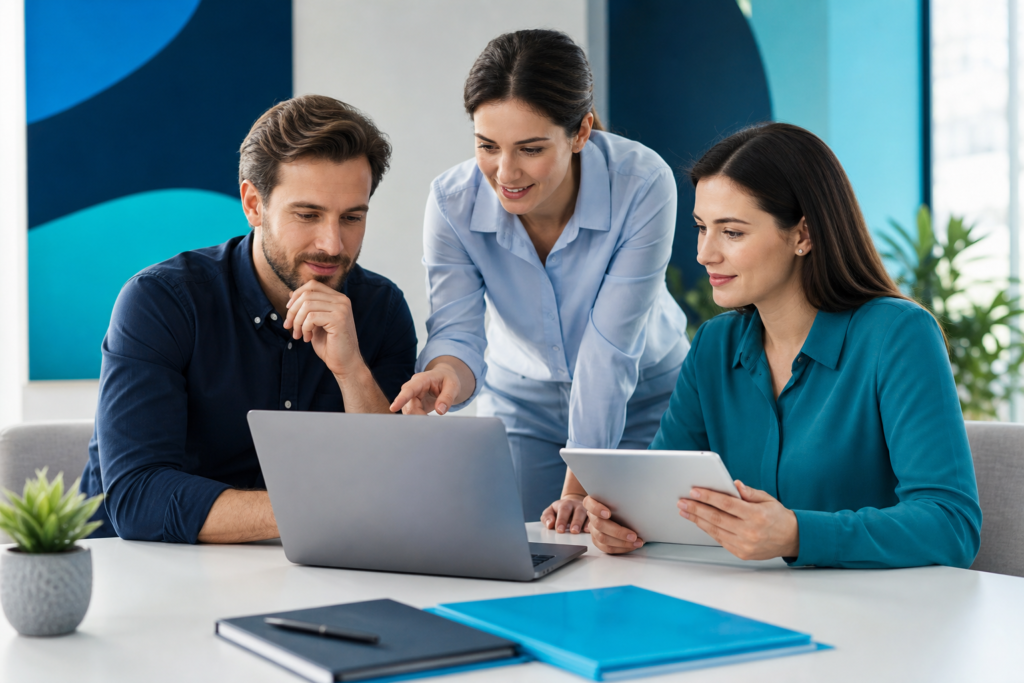 Small business team reviewing website navigation design on a laptop