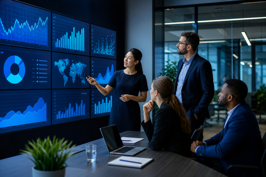 Enterprise team reviewing website performance engineering checklist metrics in a modern office