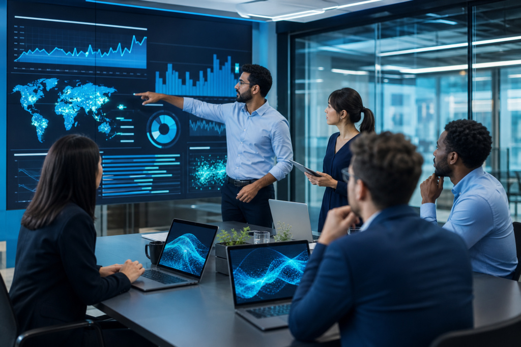 Enterprise team reviewing website performance engineering metrics in a modern office