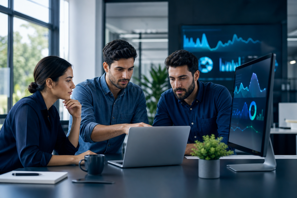 Startup team reviewing website performance strategy in a modern workspace