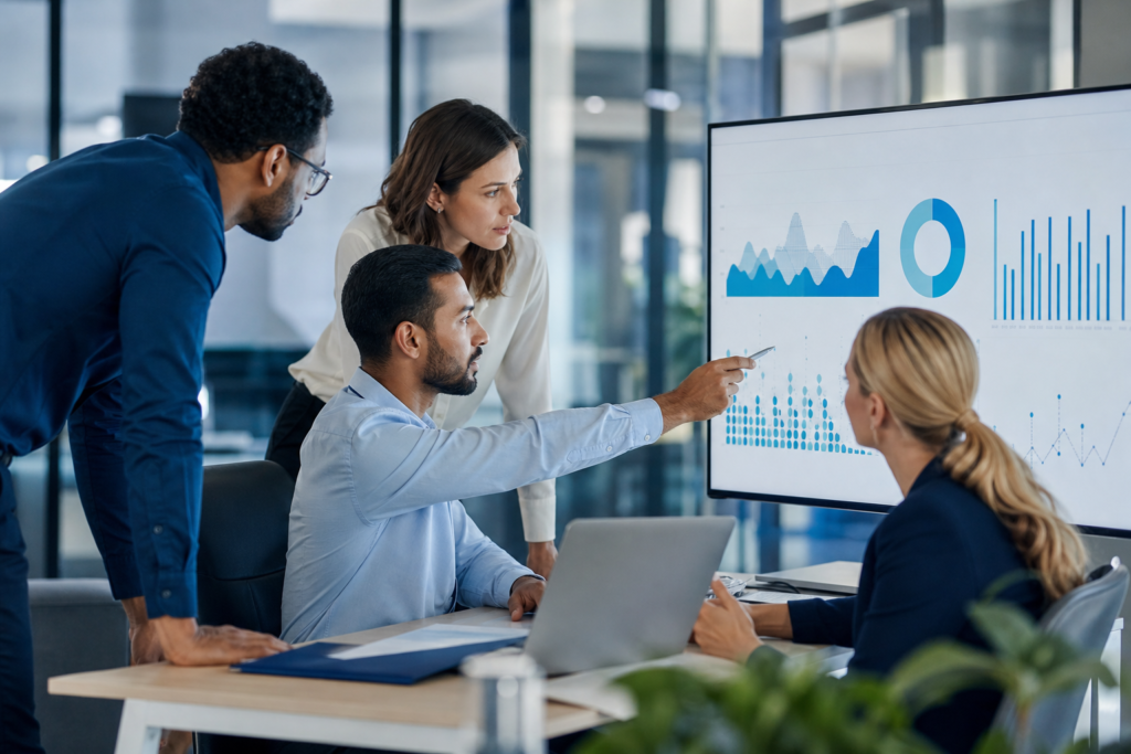 Enterprise team reviewing website performance engineering metrics in a modern office