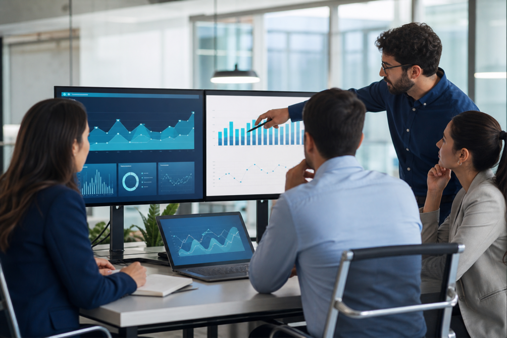Enterprise team reviewing website performance analytics and optimization strategy