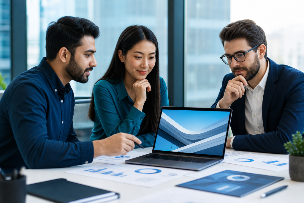 Startup team reviewing website performance strategy in a modern office