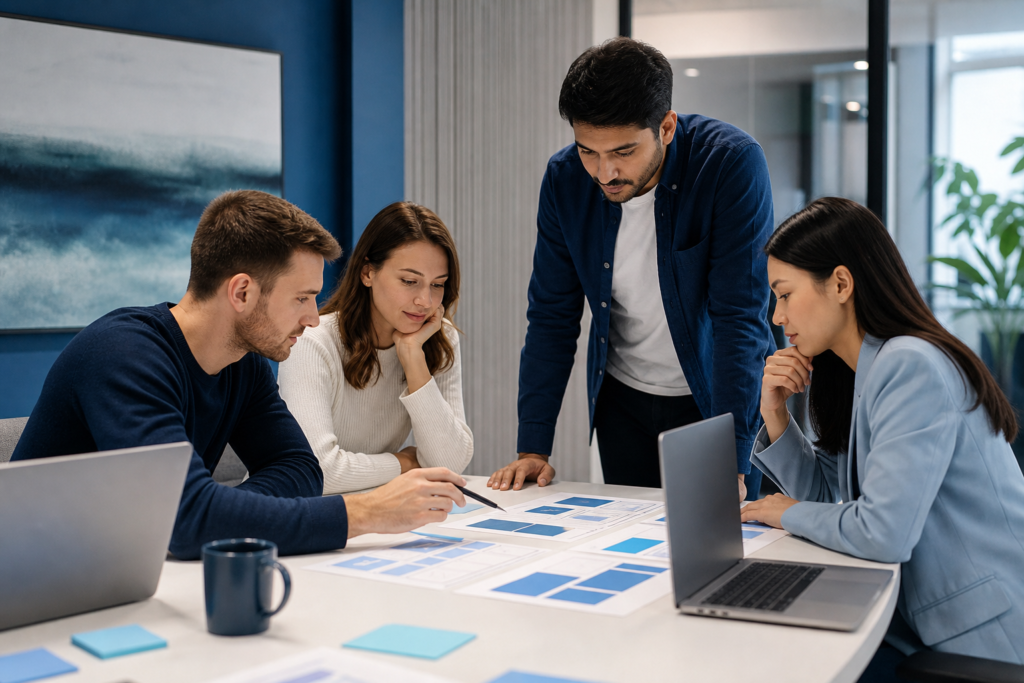Startup team planning website strategy in a modern meeting room