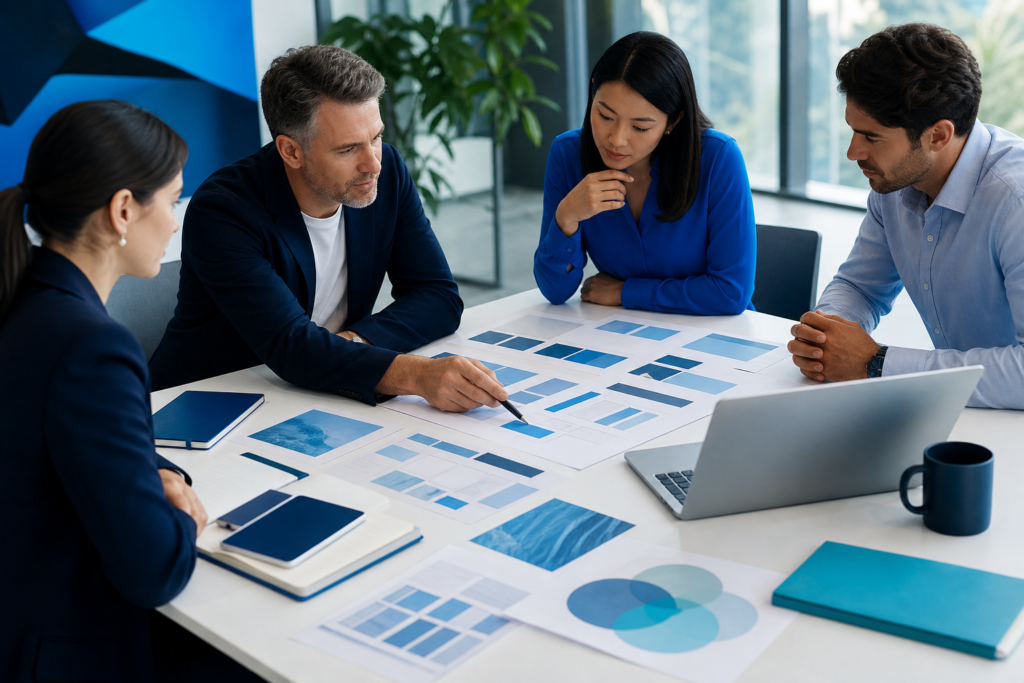 Business team reviewing website planning documents and strategy notes in a modern office