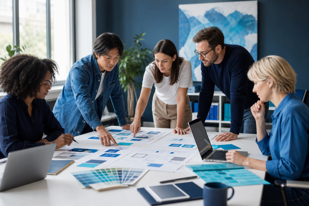 Business team planning website strategy in a modern office