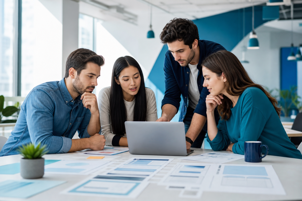 Startup team planning a website strategy in a modern workspace