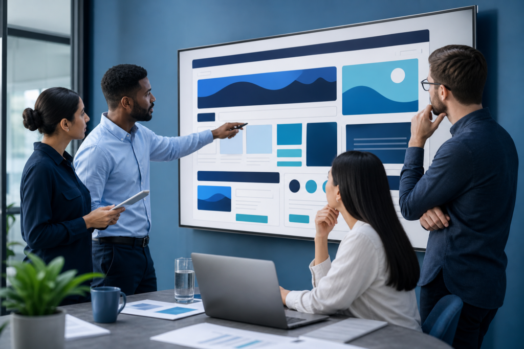 Business team reviewing a website planning strategy in a modern office
