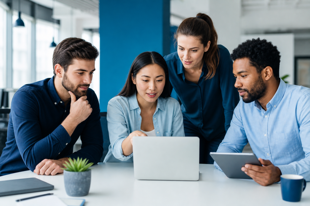 Startup team reviewing a website platform selection checklist in a modern office