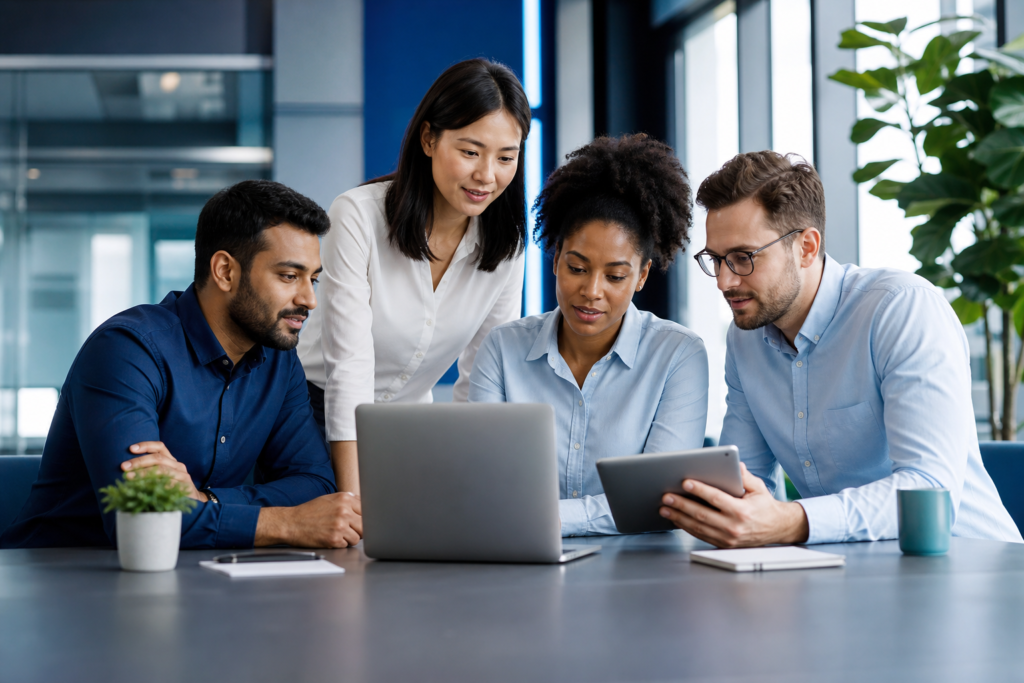 Business team reviewing website platform selection for growth