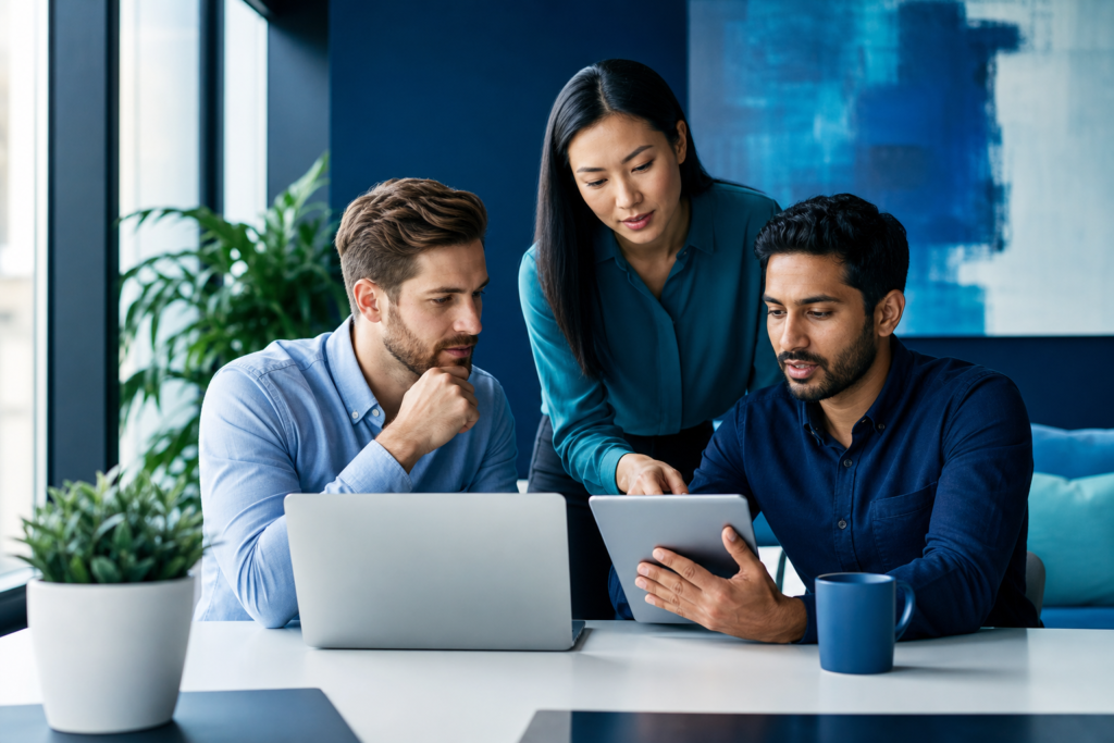 Startup team reviewing website platform selection options in a modern workspace
